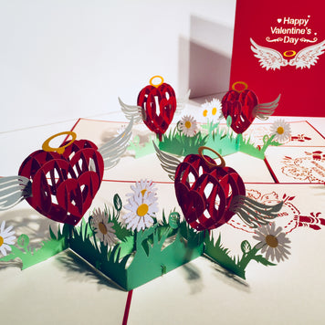 Two Red Pop Up Hearts with Wings 3D POP UP GREETING CARD - Created by Origami Pop Cards Australian Design & Handmade 3D Pop Up Magical Paper Cards, Handmade Pop Up Cards Happy Valentine's Day Celebrate Love Heart Fell and Romantic