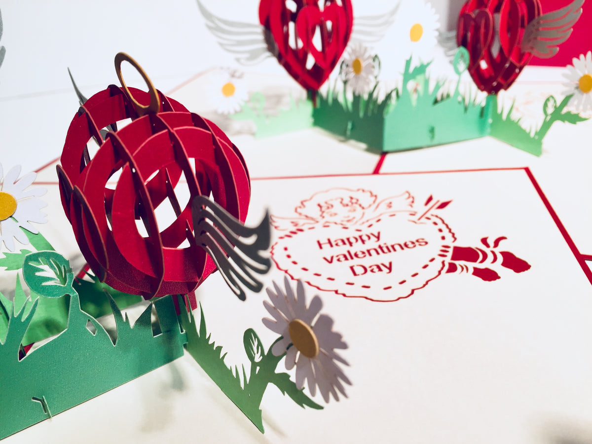 Two Red Pop Up Hearts with Wings 3D POP UP GREETING CARD - Created by Origami Pop Cards Australian Design & Handmade 3D Pop Up Magical Paper Cards, Handmade Pop Up Cards Happy Valentine's Day Celebrate Love Heart Fell and Romantic