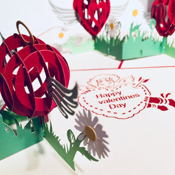 Two Red Pop Up Hearts with Wings 3D POP UP GREETING CARD - Created by Origami Pop Cards Australian Design & Handmade 3D Pop Up Magical Paper Cards, Handmade Pop Up Cards Happy Valentine's Day Celebrate Love Heart Fell and Romantic