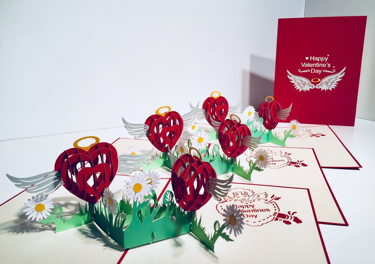 Two Red Pop Up Hearts with Wings 3D POP UP GREETING CARD - Created by Origami Pop Cards Australian Design & Handmade 3D Pop Up Magical Paper Cards, Handmade Pop Up Cards Happy Valentine's Day Celebrate Love Heart Fell and Romantic