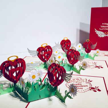 Two Red Pop Up Hearts with Wings 3D POP UP GREETING CARD - Created by Origami Pop Cards Australian Design & Handmade 3D Pop Up Magical Paper Cards, Handmade Pop Up Cards Happy Valentine's Day Celebrate Love Heart Fell and Romantic