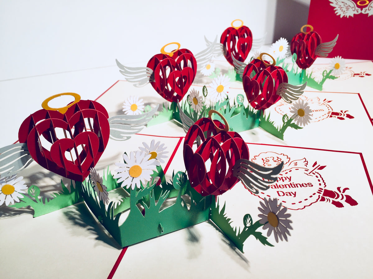 Two Red Pop Up Hearts with Wings 3D POP UP GREETING CARD - Created by Origami Pop Cards Australian Design & Handmade 3D Pop Up Magical Paper Cards, Handmade Pop Up Cards Happy Valentine's Day Celebrate Love Heart Fell and Romantic