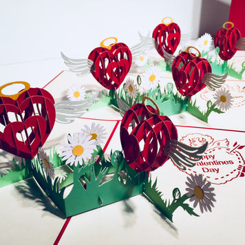 Two Red Pop Up Hearts with Wings 3D POP UP GREETING CARD - Created by Origami Pop Cards Australian Design & Handmade 3D Pop Up Magical Paper Cards, Handmade Pop Up Cards Happy Valentine's Day Celebrate Love Heart Fell and Romantic