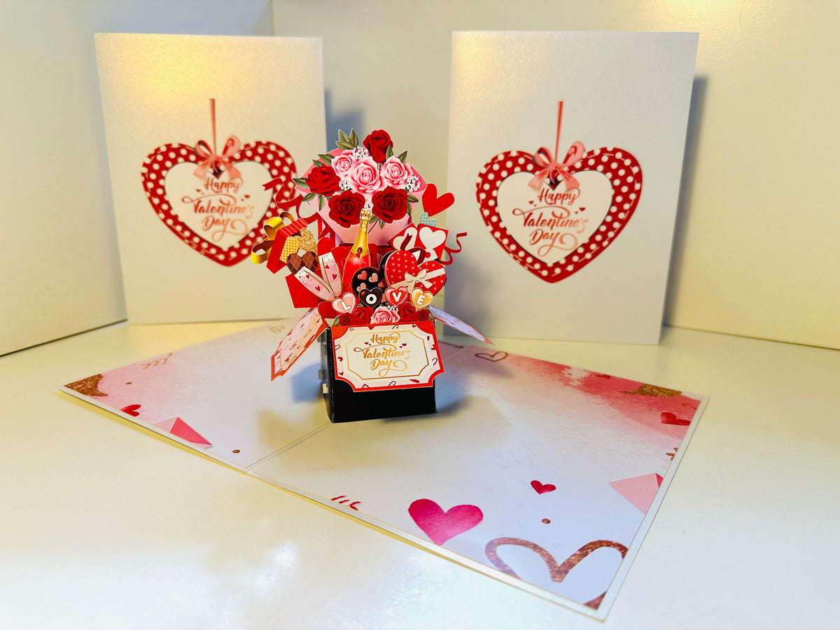 Happy Valentine's Day Romantic Gift Hampers 3D POP UP GREETING CARD - Created by Origami Pop Cards Australian Design & Handmade 3D Pop Up Magical Paper Cards, Handmade Pop Up Cards Happy Valentine's Day Celebrate Love Heart Fell and Romantic