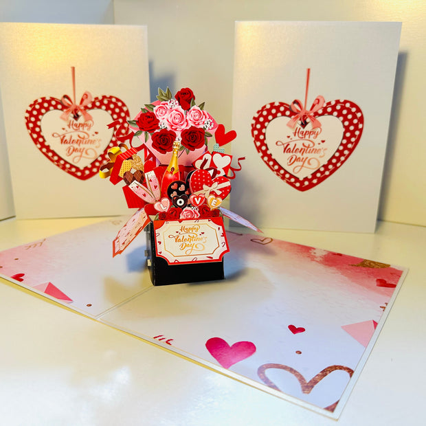 Happy Valentine's Day Romantic Gift Hampers 3D POP UP GREETING CARD - Created by Origami Pop Cards Australian Design & Handmade 3D Pop Up Magical Paper Cards, Handmade Pop Up Cards Happy Valentine's Day Celebrate Love Heart Fell and Romantic