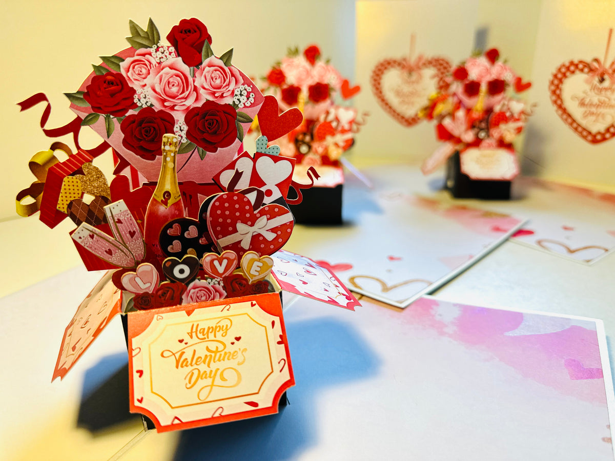 Happy Valentine's Day Romantic Gift Hampers 3D POP UP GREETING CARD - Created by Origami Pop Cards Australian Design & Handmade 3D Pop Up Magical Paper Cards, Handmade Pop Up Cards Happy Valentine's Day Celebrate Love Heart Fell and Romantic