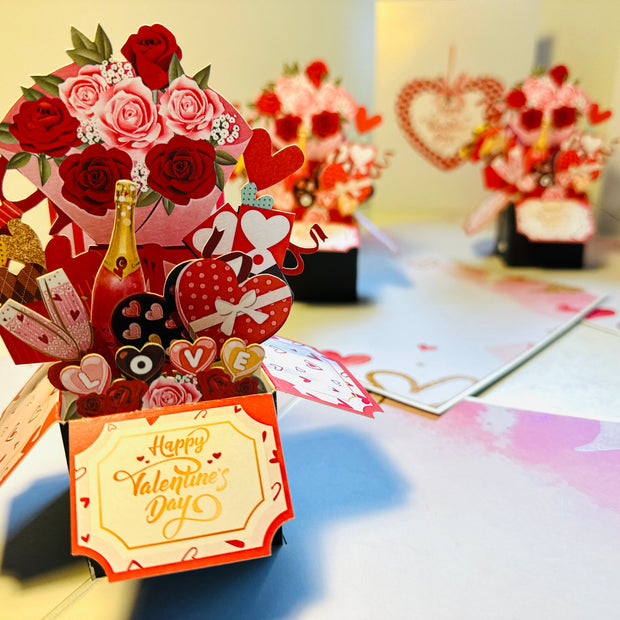 Happy Valentine's Day Romantic Gift Hampers 3D POP UP GREETING CARD - Created by Origami Pop Cards Australian Design & Handmade 3D Pop Up Magical Paper Cards, Handmade Pop Up Cards Happy Valentine's Day Celebrate Love Heart Fell and Romantic