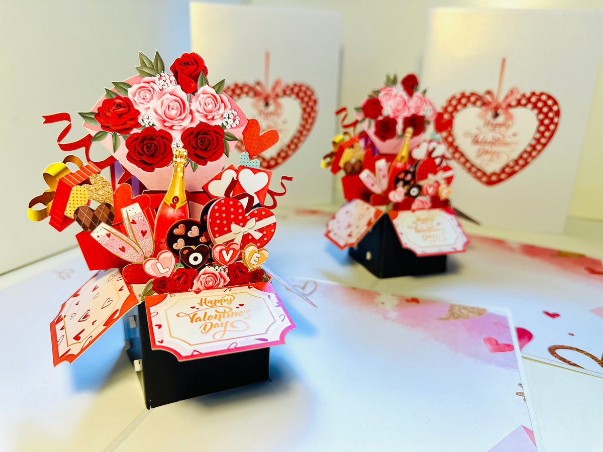 Happy Valentine's Day Romantic Gift Hampers 3D POP UP GREETING CARD - Created by Origami Pop Cards Australian Design & Handmade 3D Pop Up Magical Paper Cards, Handmade Pop Up Cards Happy Valentine's Day Celebrate Love Heart Fell and Romantic
