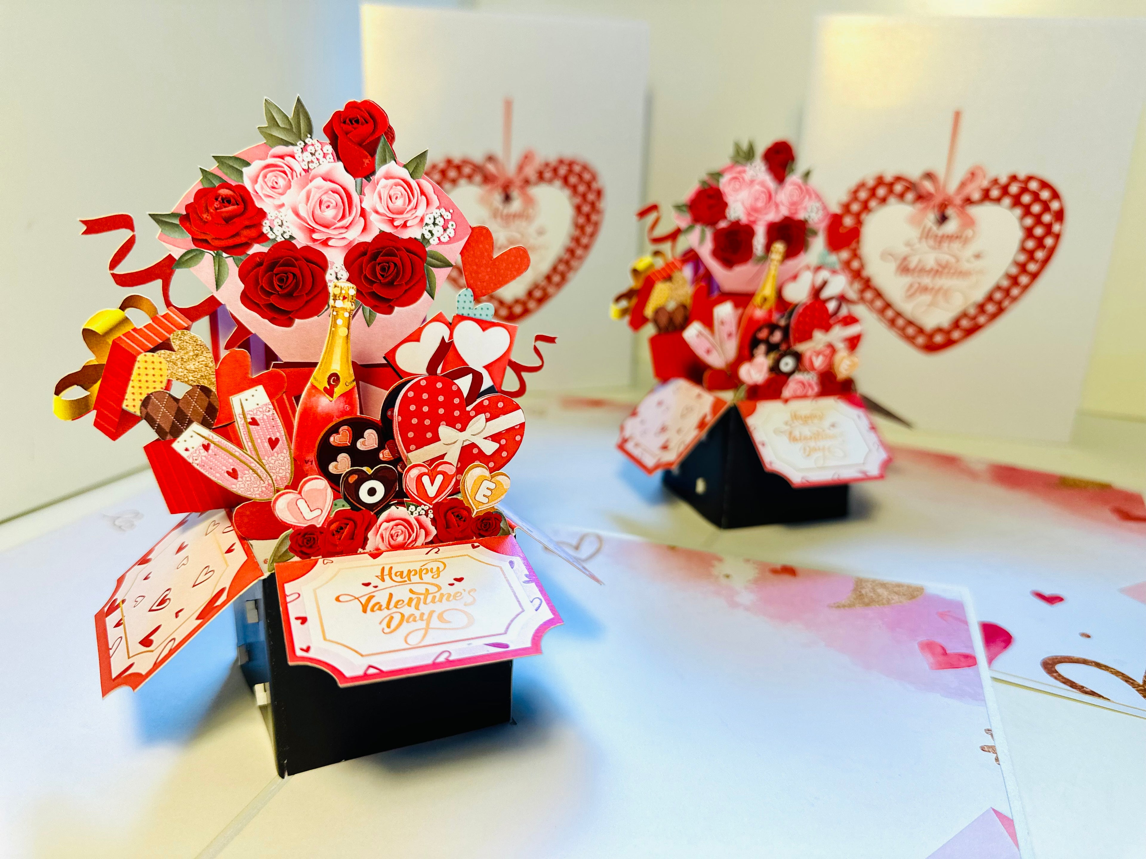 Happy Valentine's Day Romantic Gift Hampers 3D POP UP GREETING CARD - Created by Origami Pop Cards Australian Design & Handmade 3D Pop Up Magical Paper Cards, Handmade Pop Up Cards Happy Valentine's Day Celebrate Love Heart Fell and Romantic