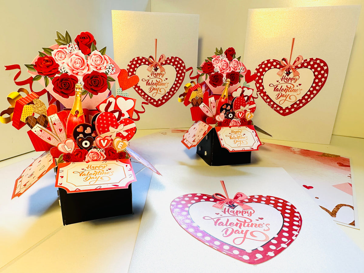 Happy Valentine's Day Romantic Gift Hampers 3D POP UP GREETING CARD - Created by Origami Pop Cards Australian Design & Handmade 3D Pop Up Magical Paper Cards, Handmade Pop Up Cards Happy Valentine's Day Celebrate Love Heart Fell and Romantic