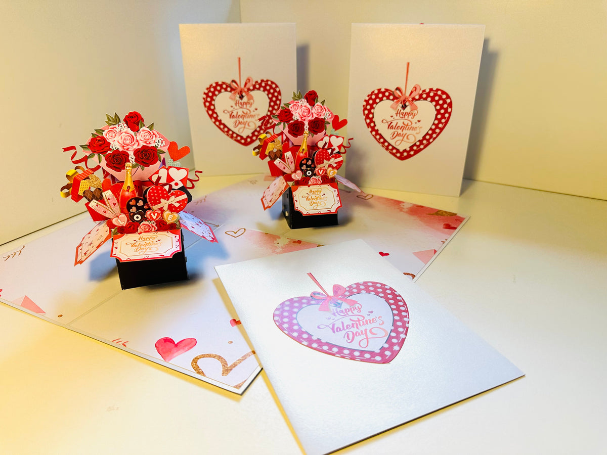 Happy Valentine's Day Romantic Gift Hampers 3D POP UP GREETING CARD - Created by Origami Pop Cards Australian Design & Handmade 3D Pop Up Magical Paper Cards, Handmade Pop Up Cards Happy Valentine's Day Celebrate Love Heart Fell and Romantic