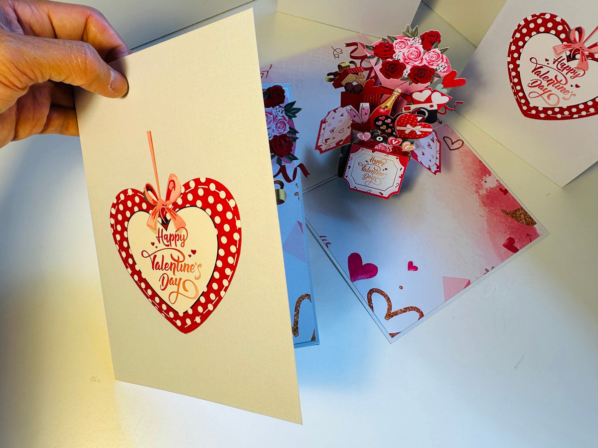 Happy Valentine's Day Romantic Gift Hampers 3D POP UP GREETING CARD - Created by Origami Pop Cards Australian Design & Handmade 3D Pop Up Magical Paper Cards, Handmade Pop Up Cards Happy Valentine's Day Celebrate Love Heart Fell and Romantic
