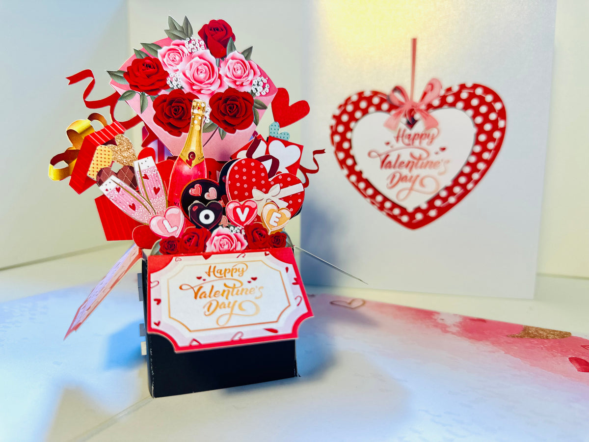 Happy Valentine's Day Romantic Gift Hampers 3D POP UP GREETING CARD - Created by Origami Pop Cards Australian Design & Handmade 3D Pop Up Magical Paper Cards, Handmade Pop Up Cards Happy Valentine's Day Celebrate Love Heart Fell and Romantic