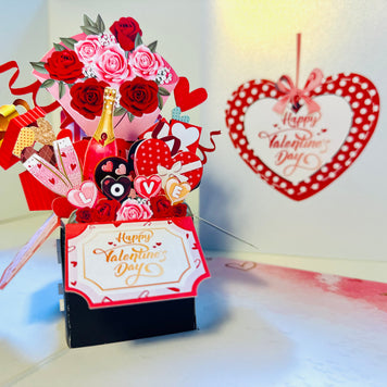 Happy Valentine's Day Romantic Gift Hampers 3D POP UP GREETING CARD - Created by Origami Pop Cards Australian Design & Handmade 3D Pop Up Magical Paper Cards, Handmade Pop Up Cards Happy Valentine's Day Celebrate Love Heart Fell and Romantic