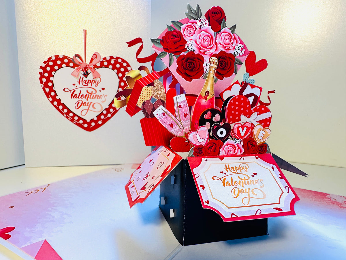 Happy Valentine's Day Romantic Gift Hampers 3D POP UP GREETING CARD - Created by Origami Pop Cards Australian Design & Handmade 3D Pop Up Magical Paper Cards, Handmade Pop Up Cards Happy Valentine's Day Celebrate Love Heart Fell and Romantic