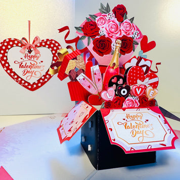Happy Valentine's Day Romantic Gift Hampers 3D POP UP GREETING CARD - Created by Origami Pop Cards Australian Design & Handmade 3D Pop Up Magical Paper Cards, Handmade Pop Up Cards Happy Valentine's Day Celebrate Love Heart Fell and Romantic