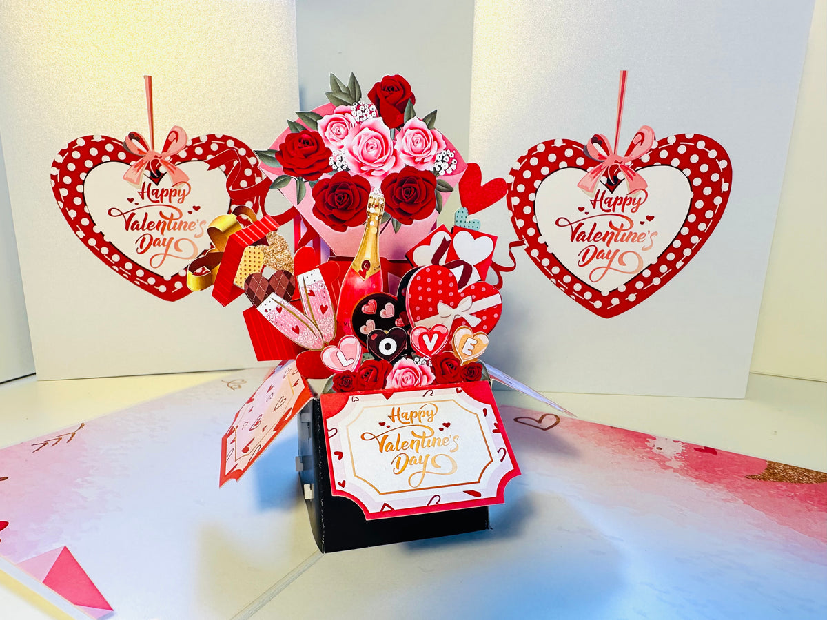 Happy Valentine's Day Romantic Gift Hampers 3D POP UP GREETING CARD - Created by Origami Pop Cards Australian Design & Handmade 3D Pop Up Magical Paper Cards, Handmade Pop Up Cards Happy Valentine's Day Celebrate Love Heart Fell and Romantic