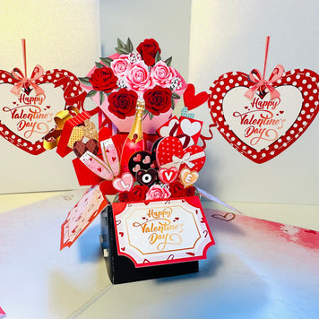 Happy Valentine's Day Romantic Gift Hampers 3D POP UP GREETING CARD - Created by Origami Pop Cards Australian Design & Handmade 3D Pop Up Magical Paper Cards, Handmade Pop Up Cards Happy Valentine's Day Celebrate Love Heart Fell and Romantic