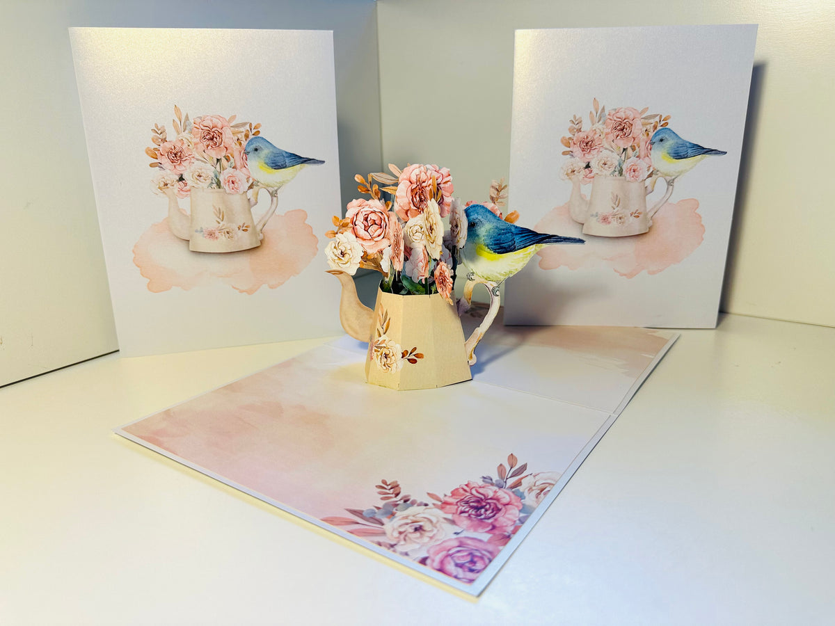 Vintage Watering Can with Roses & a Blue Bird Origami Pop Cards 3D Pop Up Greeting Card Happy Birthday Thank You Handmade Gift Thinking of You Blank Card for Any Occasion Happy Mother's Day Happy Father's Australiana Celebrate the Beauty of Flower