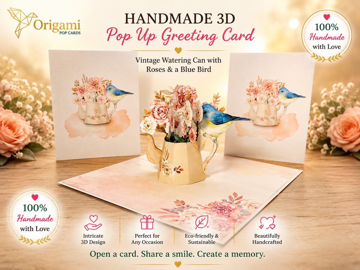 Vintage Watering Can with Roses & a Blue Bird Origami Pop Cards 3D Pop Up Greeting Card Happy Birthday Thank You Handmade Gift Thinking of You Blank Card for Any Occasion Happy Mother's Day Happy Father's Australiana Celebrate the Beauty of Flower