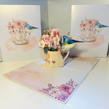 Vintage Watering Can with Roses & a Blue Bird Origami Pop Cards 3D Pop Up Greeting Card Happy Birthday Thank You Handmade Gift Thinking of You Blank Card for Any Occasion Happy Mother's Day Happy Father's Australiana Celebrate the Beauty of Flower