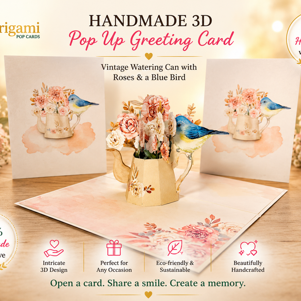 Vintage Watering Can with Roses & a Blue Bird Origami Pop Cards 3D Pop Up Greeting Card Happy Birthday Thank You Handmade Gift Thinking of You Blank Card for Any Occasion Happy Mother's Day Happy Father's Australiana Celebrate the Beauty of Flower