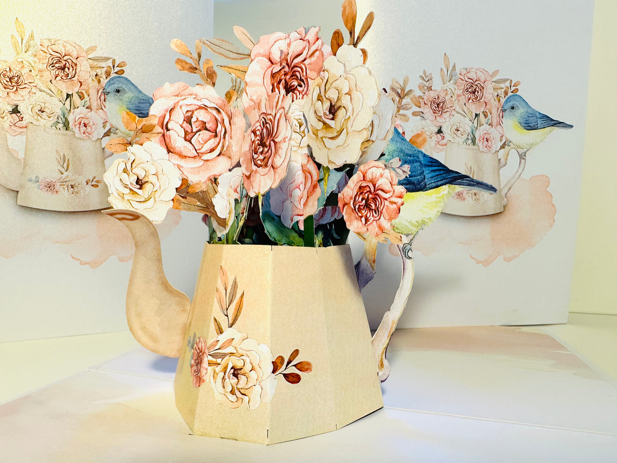 Vintage Watering Can with Roses & a Blue Bird Origami Pop Cards 3D Pop Up Greeting Card Happy Birthday Thank You Handmade Gift Thinking of You Blank Card for Any Occasion Happy Mother's Day Happy Father's Australiana Celebrate the Beauty of Flower