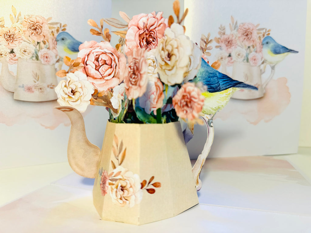 Vintage Watering Can with Roses & a Blue Bird Origami Pop Cards 3D Pop Up Greeting Card Happy Birthday Thank You Handmade Gift Thinking of You Blank Card for Any Occasion Happy Mother's Day Happy Father's Australiana Celebrate the Beauty of Flower