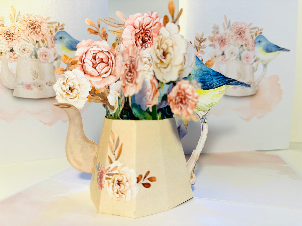 Vintage Watering Can with Roses & a Blue Bird Origami Pop Cards 3D Pop Up Greeting Card Happy Birthday Thank You Handmade Gift Thinking of You Blank Card for Any Occasion Happy Mother's Day Happy Father's Australiana Celebrate the Beauty of Flower