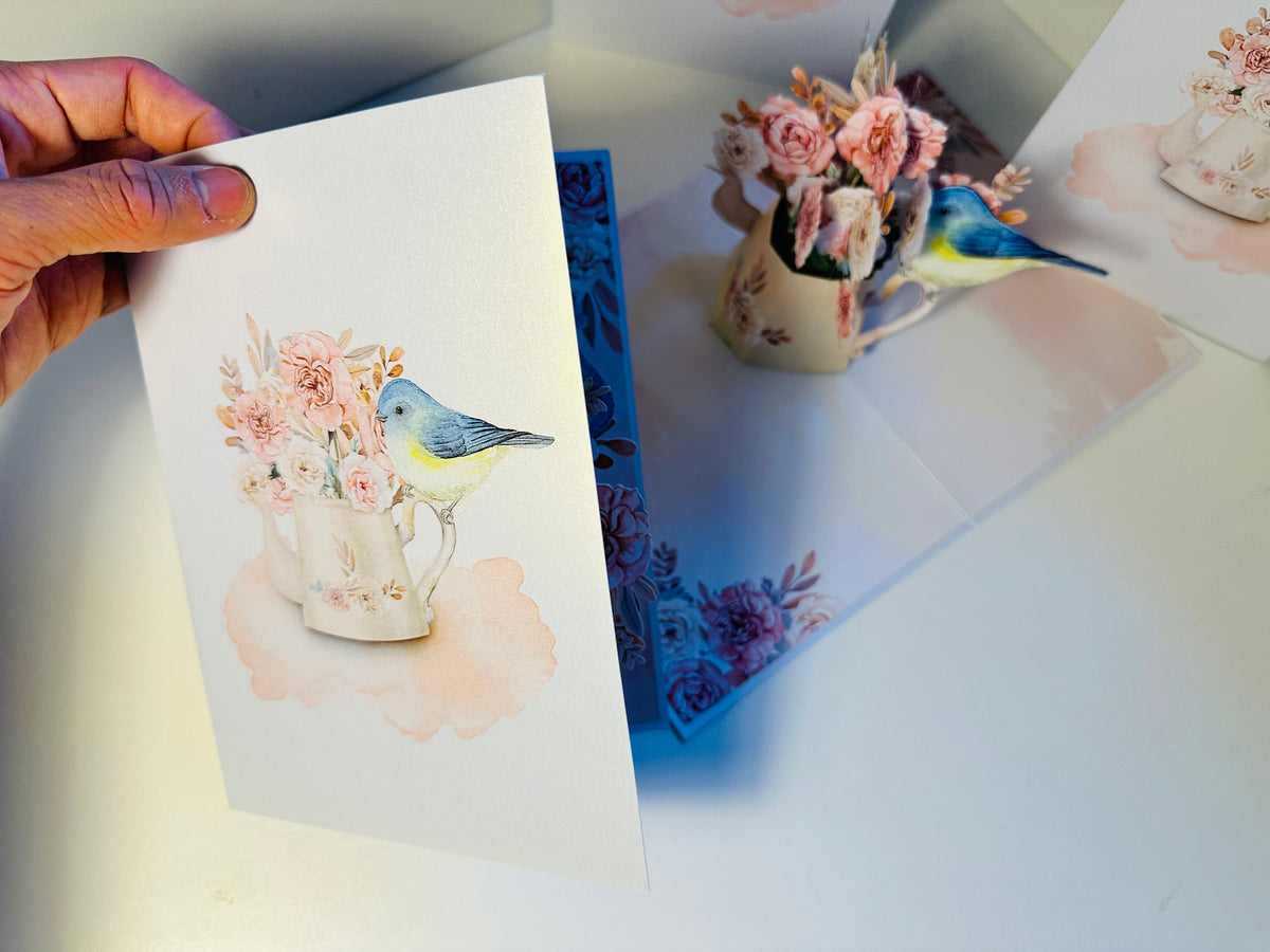 Vintage Watering Can with Roses & a Blue Bird Origami Pop Cards 3D Pop Up Greeting Card Happy Birthday Thank You Handmade Gift Thinking of You Blank Card for Any Occasion Happy Mother's Day Happy Father's Australiana Celebrate the Beauty of Flower