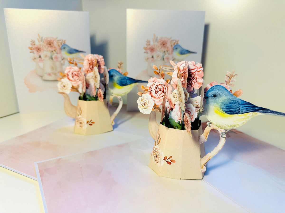 Vintage Watering Can with Roses & a Blue Bird Origami Pop Cards 3D Pop Up Greeting Card Happy Birthday Thank You Handmade Gift Thinking of You Blank Card for Any Occasion Happy Mother's Day Happy Father's Australiana Celebrate the Beauty of Flower