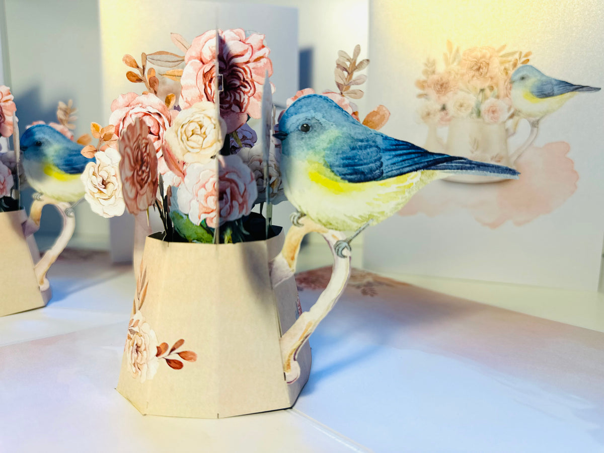 Vintage Watering Can with Roses & a Blue Bird Origami Pop Cards 3D Pop Up Greeting Card Happy Birthday Thank You Handmade Gift Thinking of You Blank Card for Any Occasion Happy Mother's Day Happy Father's Australiana Celebrate the Beauty of Flower