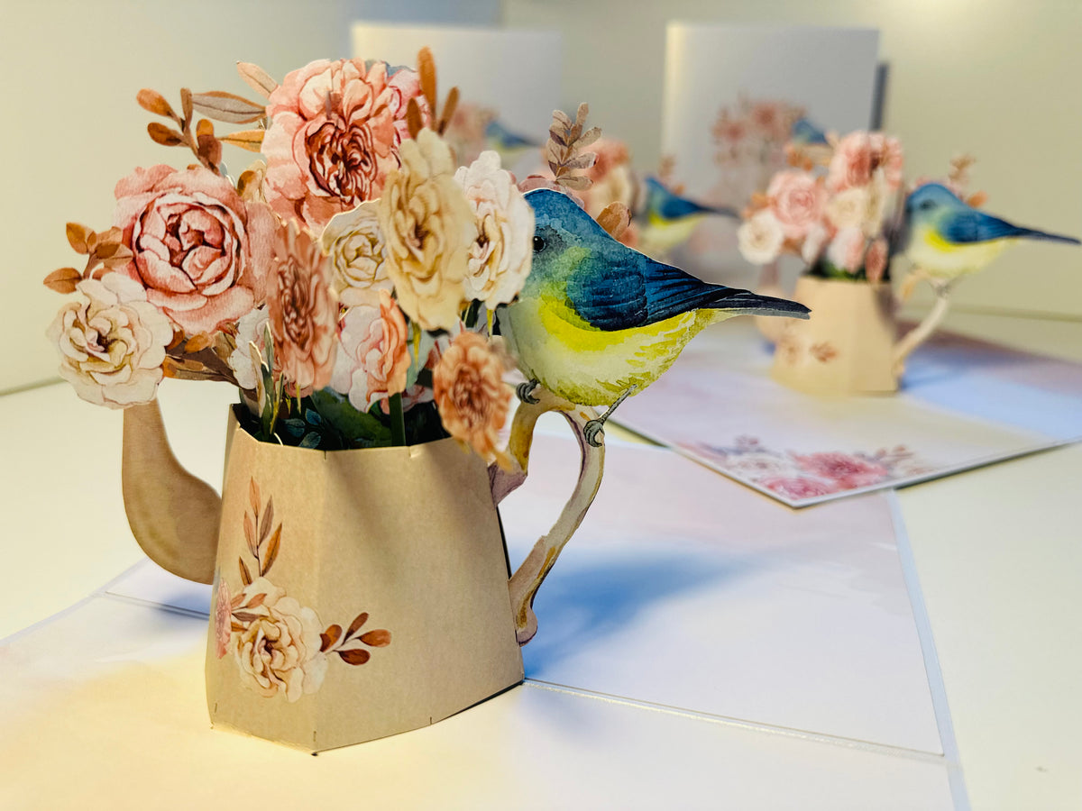 Vintage Watering Can with Roses & a Blue Bird Origami Pop Cards 3D Pop Up Greeting Card Happy Birthday Thank You Handmade Gift Thinking of You Blank Card for Any Occasion Happy Mother's Day Happy Father's Australiana Celebrate the Beauty of Flower