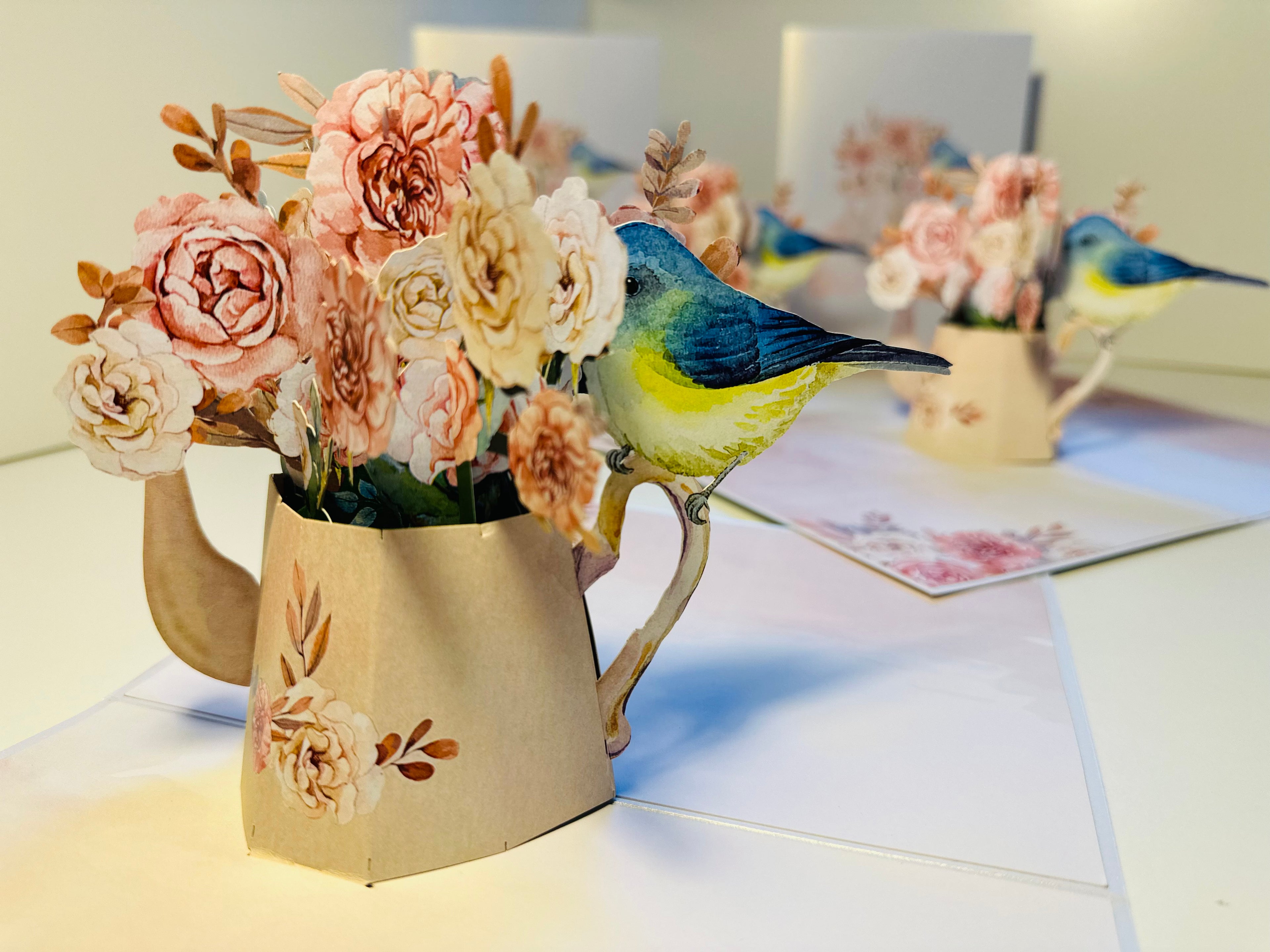 Vintage Watering Can with Roses & a Blue Bird Origami Pop Cards 3D Pop Up Greeting Card Happy Birthday Thank You Handmade Gift Thinking of You Blank Card for Any Occasion Happy Mother's Day Happy Father's Australiana Celebrate the Beauty of Flower