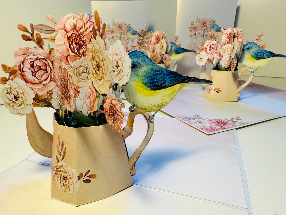 Vintage Watering Can with Roses & a Blue Bird Origami Pop Cards 3D Pop Up Greeting Card Happy Birthday Thank You Handmade Gift Thinking of You Blank Card for Any Occasion Happy Mother's Day Happy Father's Australiana Celebrate the Beauty of Flower