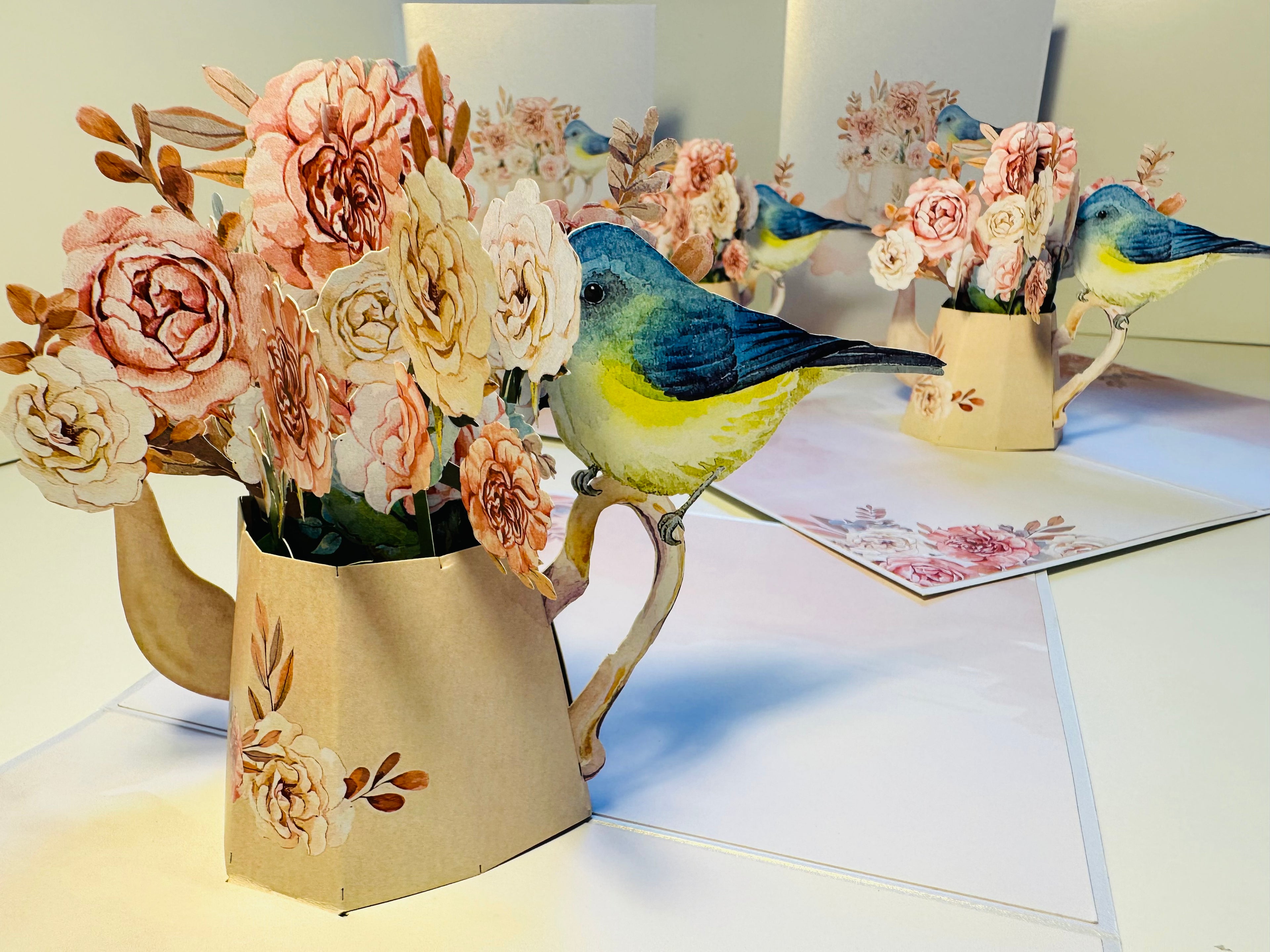 Vintage Watering Can with Roses & a Blue Bird Origami Pop Cards 3D Pop Up Greeting Card Happy Birthday Thank You Handmade Gift Thinking of You Blank Card for Any Occasion Happy Mother's Day Happy Father's Australiana Celebrate the Beauty of Flower