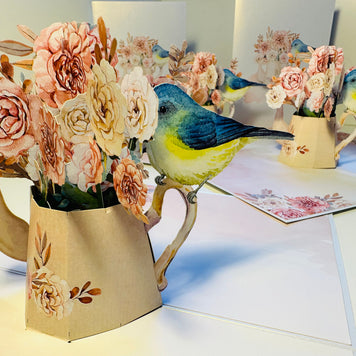 Vintage Watering Can with Roses & a Blue Bird Origami Pop Cards 3D Pop Up Greeting Card Happy Birthday Thank You Handmade Gift Thinking of You Blank Card for Any Occasion Happy Mother's Day Happy Father's Australiana Celebrate the Beauty of Flower
