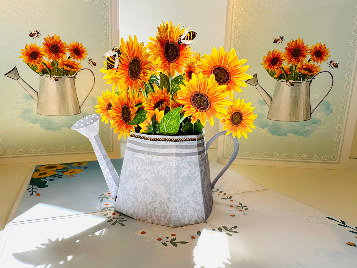 Vintage Watering Can with Sunflowers & Bees Pop Cards 3D Pop Up Greeting Card Happy Birthday Thank You Handmade Gift Thinking of You Blank Card for Any Occasion Happy Mother's Day Happy Father's Australiana Celebrate the Beauty of Flower