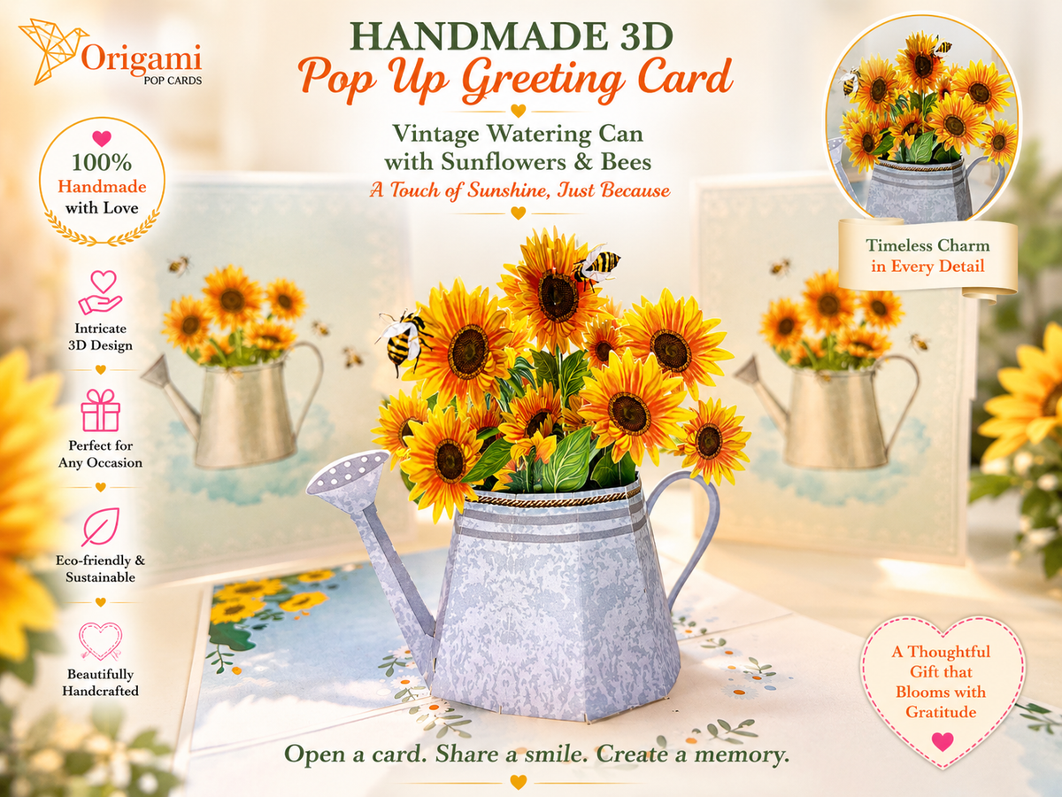 Vintage Watering Can with Sunflowers & Bees Pop Cards 3D Pop Up Greeting Card Happy Birthday Thank You Handmade Gift Thinking of You Blank Card for Any Occasion Happy Mother's Day Happy Father's Australiana Celebrate the Beauty of Flower