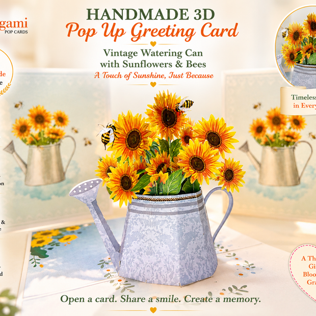 Vintage Watering Can with Sunflowers & Bees Pop Cards 3D Pop Up Greeting Card Happy Birthday Thank You Handmade Gift Thinking of You Blank Card for Any Occasion Happy Mother's Day Happy Father's Australiana Celebrate the Beauty of Flower