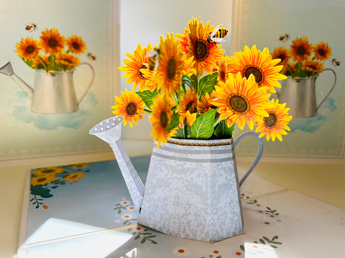 Vintage Watering Can with Sunflowers & Bees Pop Cards 3D Pop Up Greeting Card Happy Birthday Thank You Handmade Gift Thinking of You Blank Card for Any Occasion Happy Mother's Day Happy Father's Australiana Celebrate the Beauty of Flower