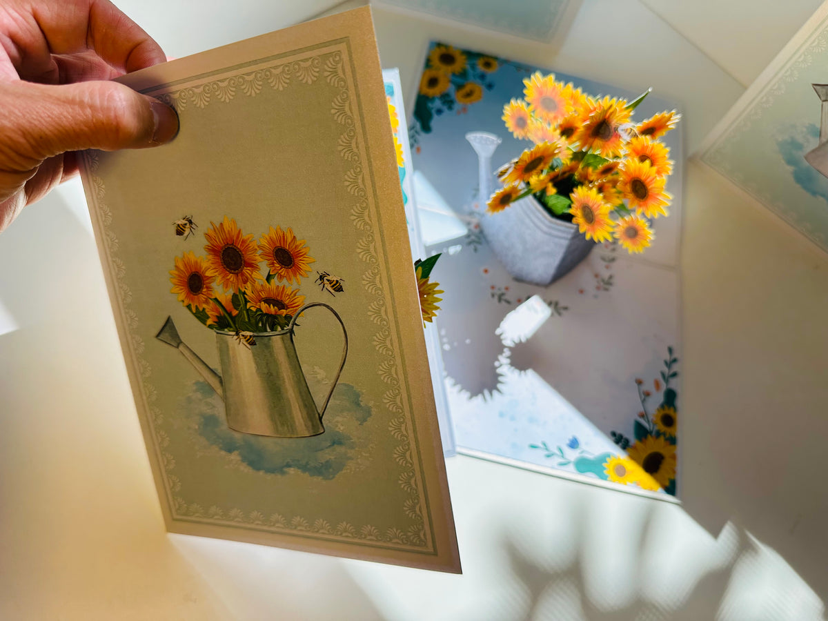 Vintage Watering Can with Sunflowers & Bees Pop Cards 3D Pop Up Greeting Card Happy Birthday Thank You Handmade Gift Thinking of You Blank Card for Any Occasion Happy Mother's Day Happy Father's Australiana Celebrate the Beauty of Flower