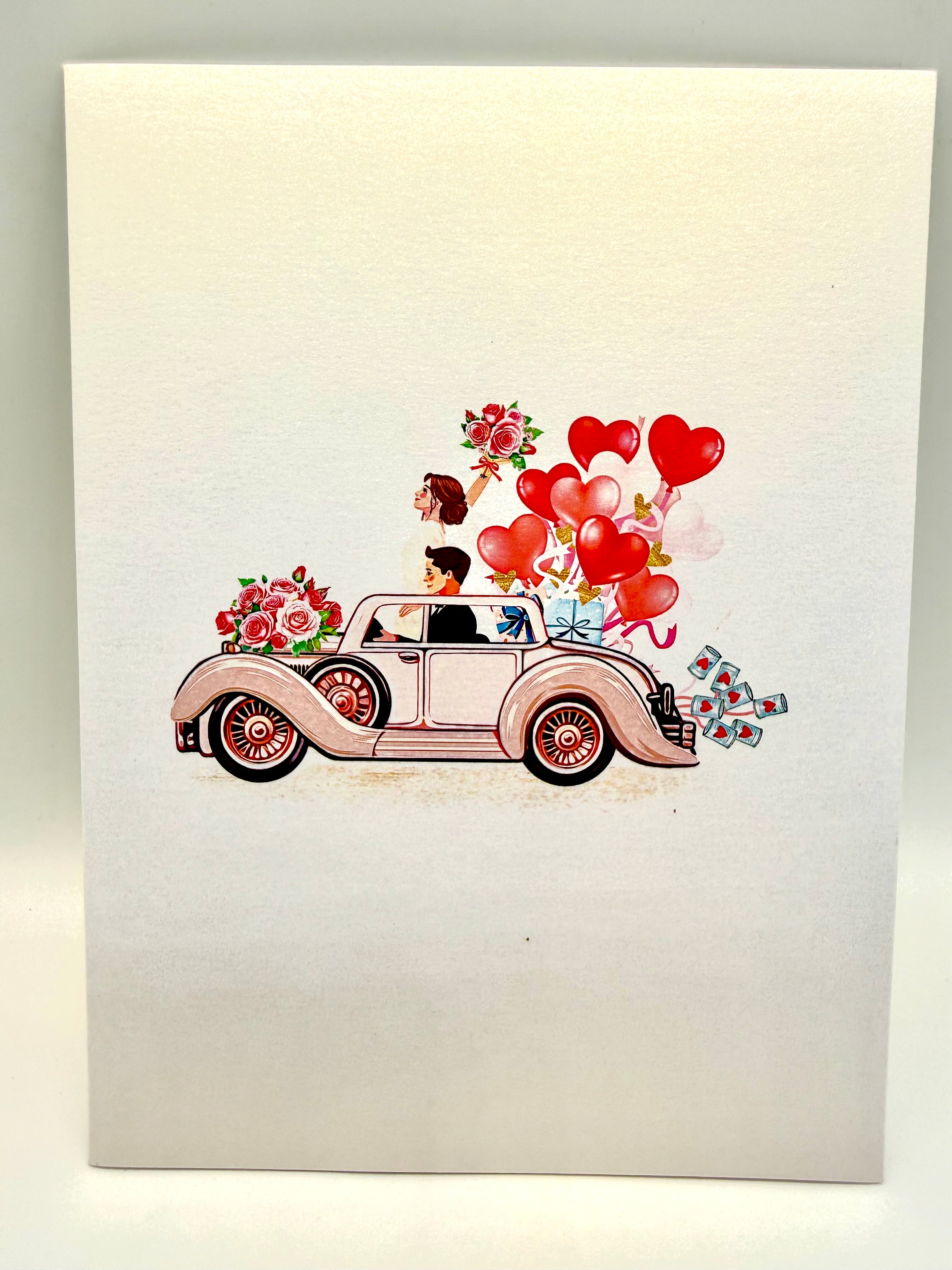 Vintage Wedding Car with Bride & Groom 3D POP UP GREETING CARD - Created by Origami Pop Cards – 3D Pop Up Greeting Cards, Australian Design & Handmade, 3D Pop Up Magical Paper Cards, Handmade Pop Up Cards Celebrate Love Anniversary Heart Fell and Romantic