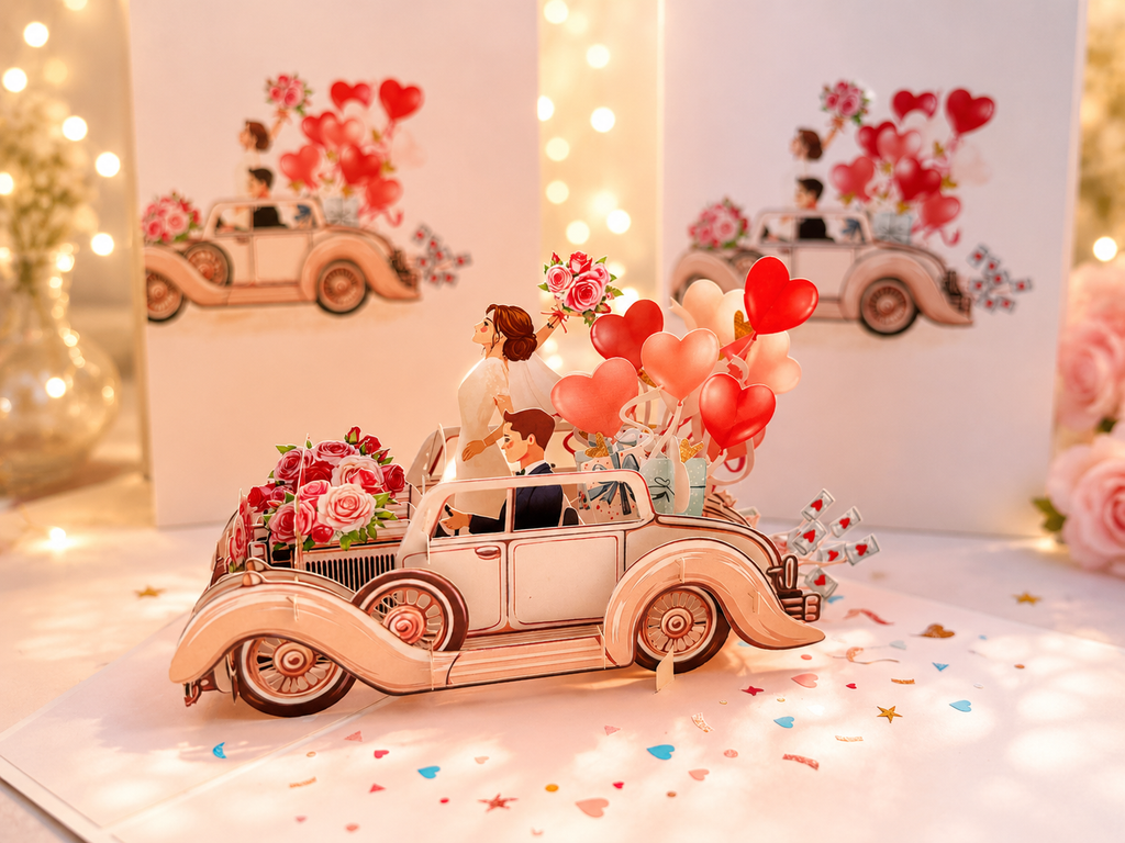 Vintage Wedding Car with Bride & Groom 3D POP UP GREETING CARD - Created by Origami Pop Cards – 3D Pop Up Greeting Cards, Australian Design & Handmade, 3D Pop Up Magical Paper Cards, Handmade Pop Up Cards Celebrate Love Anniversary Heart Fell and Romantic