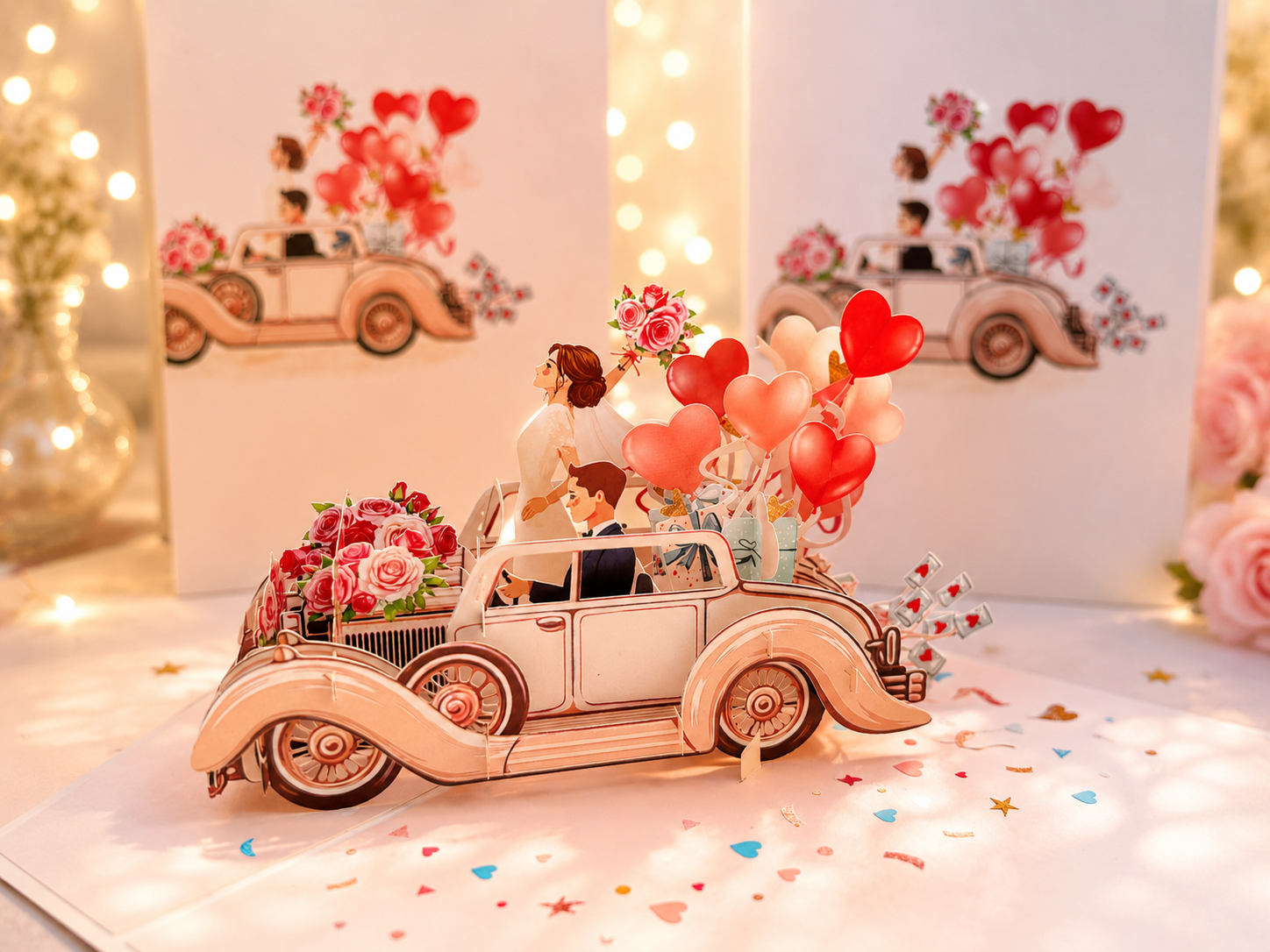 Vintage Wedding Car with Bride & Groom 3D POP UP GREETING CARD - Created by Origami Pop Cards – 3D Pop Up Greeting Cards, Australian Design & Handmade, 3D Pop Up Magical Paper Cards, Handmade Pop Up Cards Celebrate Love Anniversary Heart Fell and Romantic