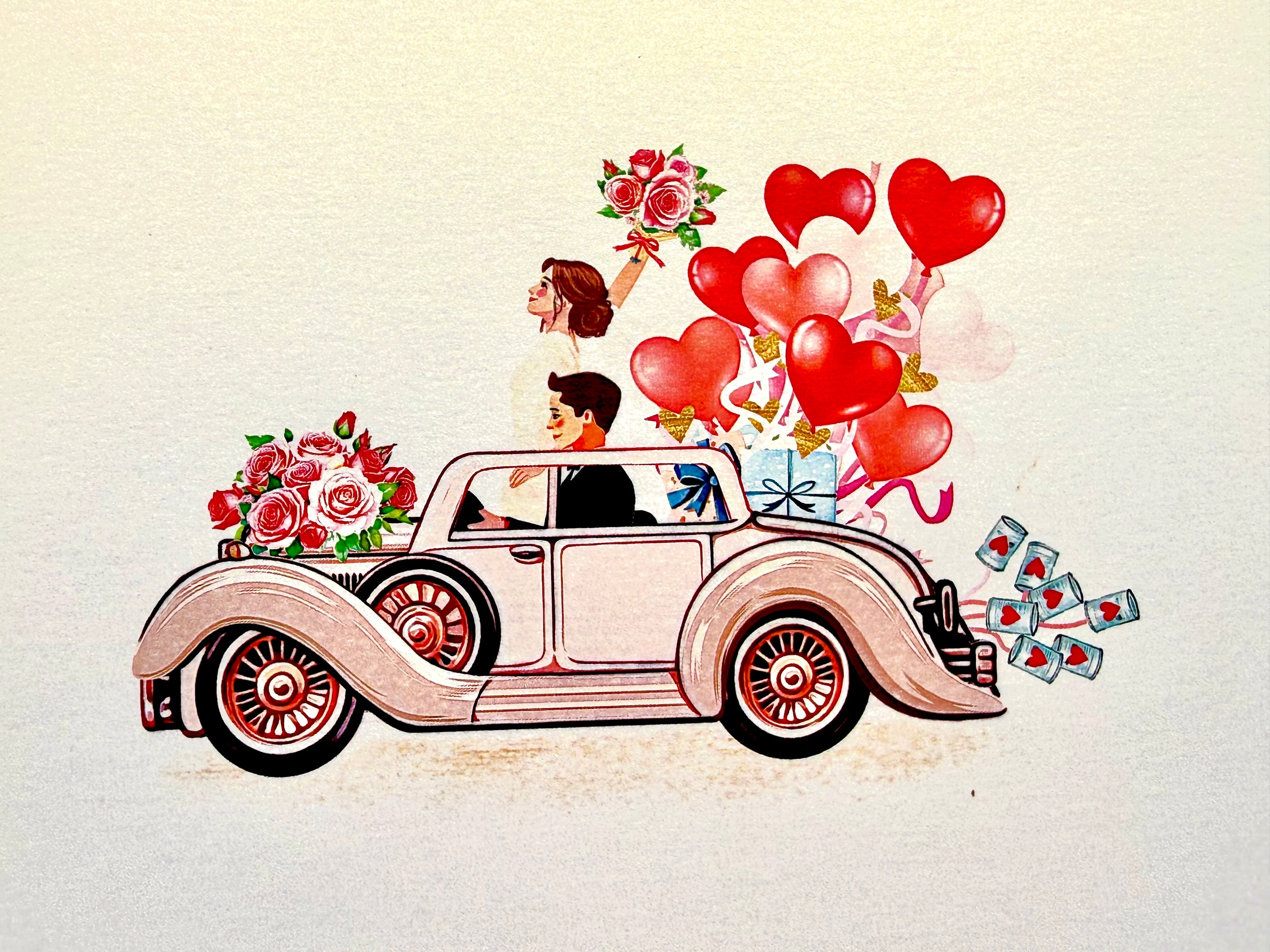 Vintage Wedding Car with Bride & Groom 3D POP UP GREETING CARD - Created by Origami Pop Cards – 3D Pop Up Greeting Cards, Australian Design & Handmade, 3D Pop Up Magical Paper Cards, Handmade Pop Up Cards Celebrate Love Anniversary Heart Fell and Romantic