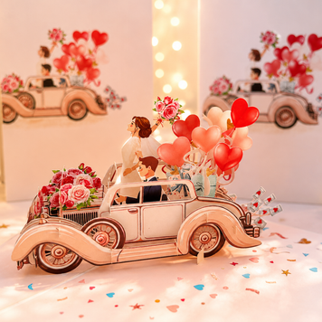 Vintage Wedding Car with Bride & Groom 3D POP UP GREETING CARD - Created by Origami Pop Cards – 3D Pop Up Greeting Cards, Australian Design & Handmade, 3D Pop Up Magical Paper Cards, Handmade Pop Up Cards Celebrate Love Anniversary Heart Fell and Romantic