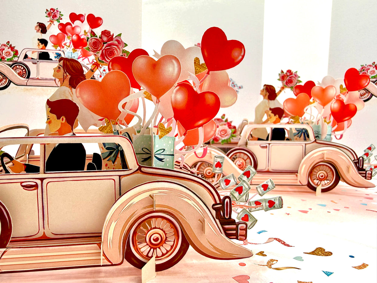Vintage Wedding Car with Bride & Groom 3D POP UP GREETING CARD - Created by Origami Pop Cards – 3D Pop Up Greeting Cards, Australian Design & Handmade, 3D Pop Up Magical Paper Cards, Handmade Pop Up Cards Celebrate Love Anniversary Heart Fell and Romantic