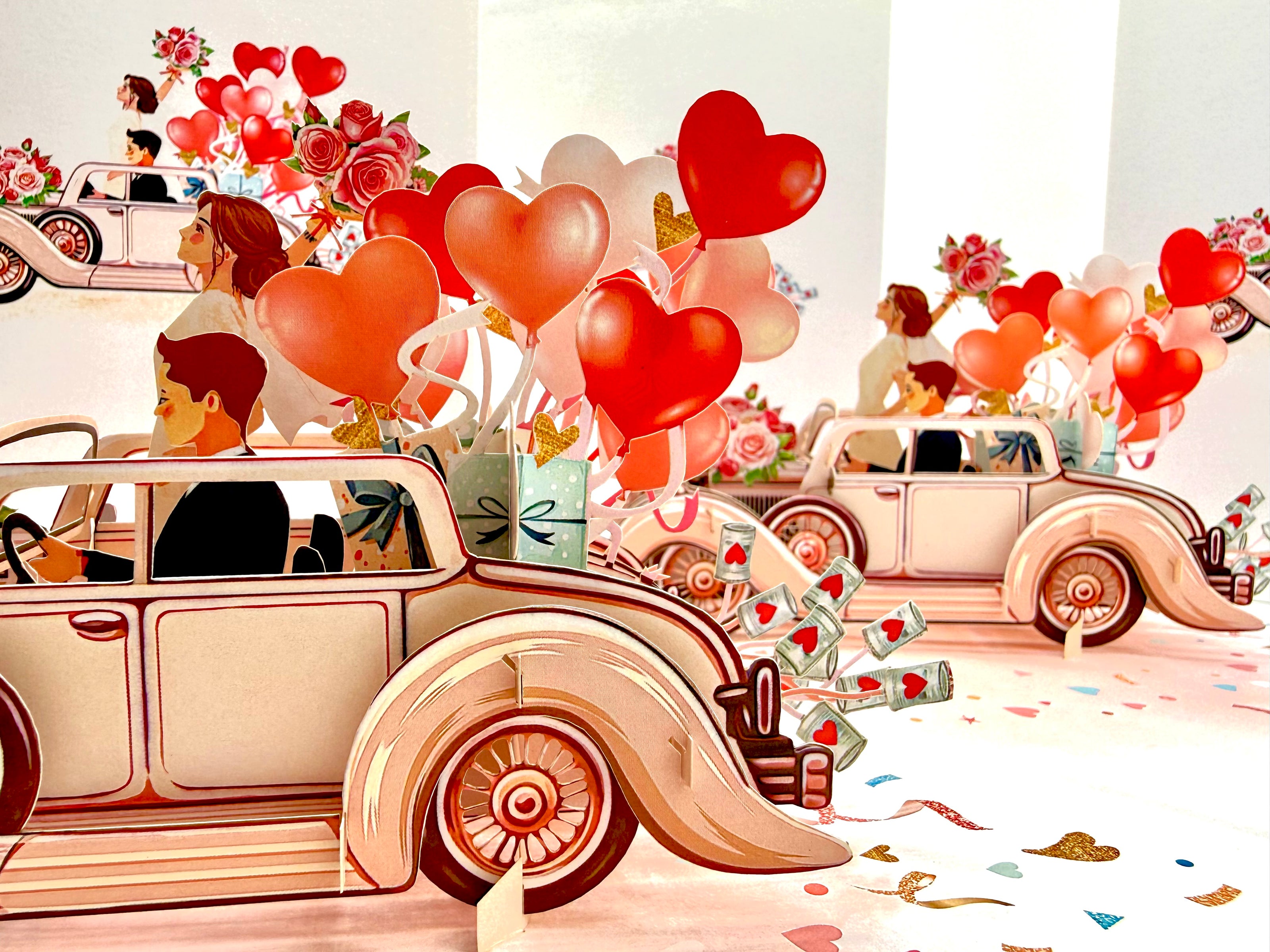 Vintage Wedding Car with Bride & Groom 3D POP UP GREETING CARD - Created by Origami Pop Cards – 3D Pop Up Greeting Cards, Australian Design & Handmade, 3D Pop Up Magical Paper Cards, Handmade Pop Up Cards Celebrate Love Anniversary Heart Fell and Romantic