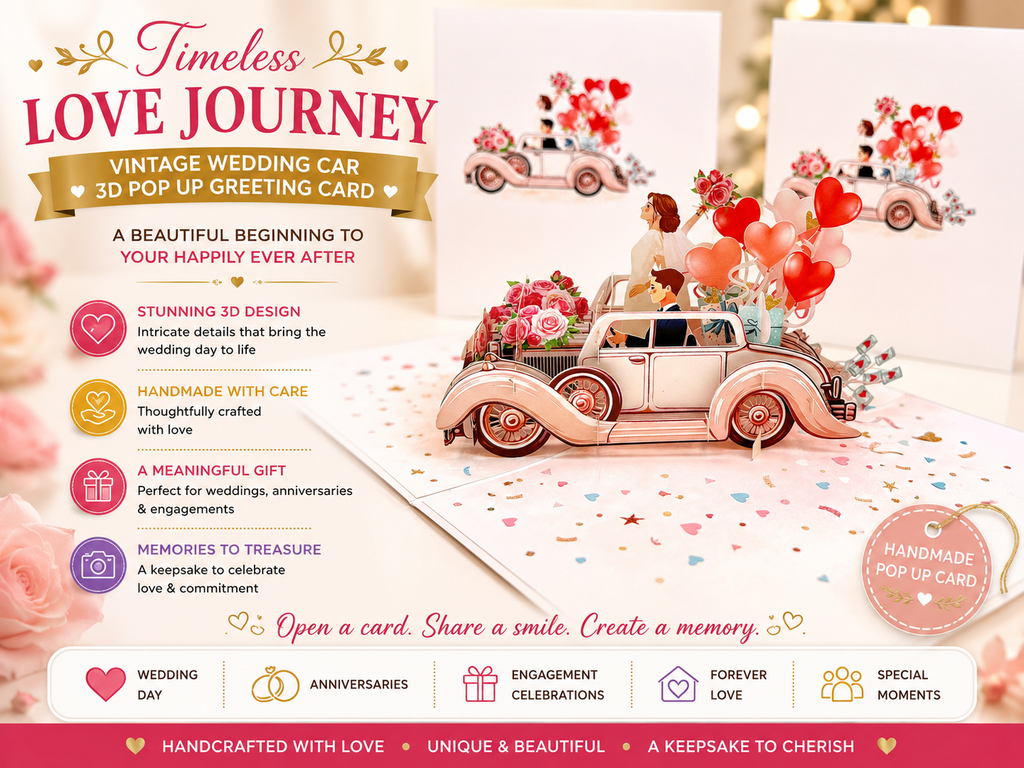 Vintage Wedding Car with Bride & Groom 3D POP UP GREETING CARD - Created by Origami Pop Cards – 3D Pop Up Greeting Cards, Australian Design & Handmade, 3D Pop Up Magical Paper Cards, Handmade Pop Up Cards Celebrate Love Anniversary Heart Fell and Romantic